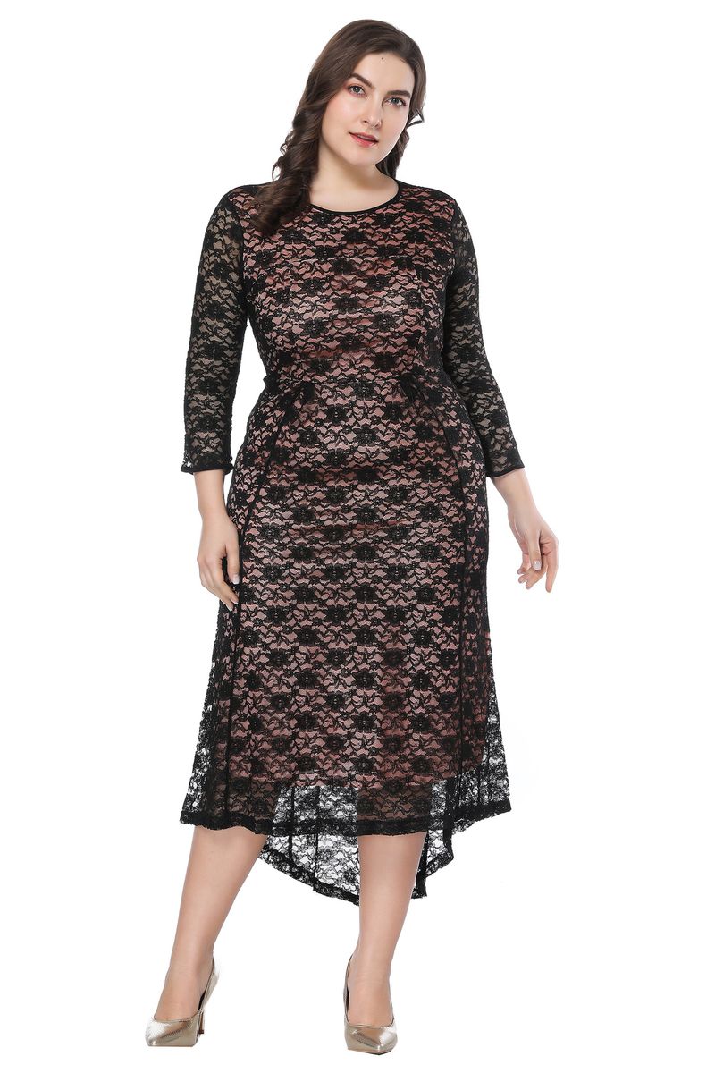 Abito da sera primaverile e autunnale, davanti, lungo dietro, vita alta, taglie forti, manica corta, abito in pizzo SQ0088, alla moda e_voghion.com