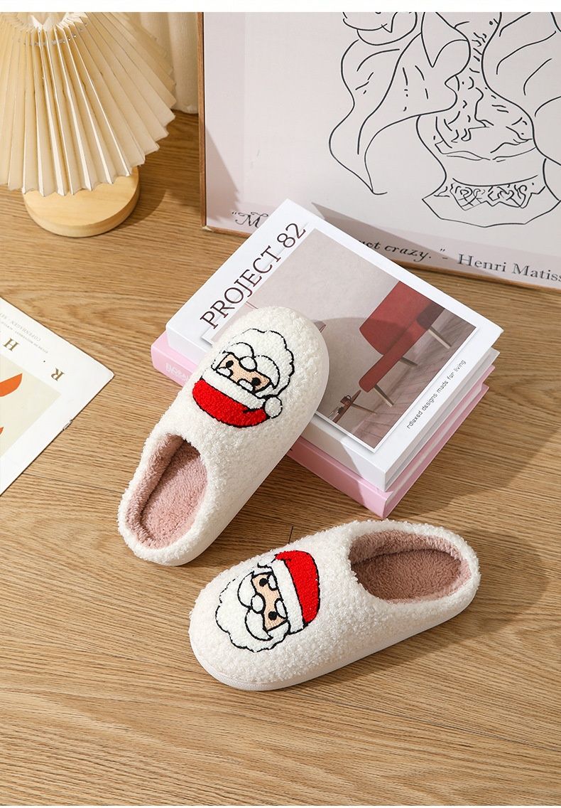 Pantufas de algodão antiderrapantes com carinha sorridente para o Natal, modelo Voyage Cross-Border, com estampa do Papai Noel, para mulheres. Ideais para uso interno no inverno._voghion.com