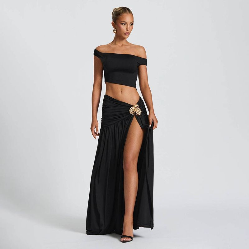 Terno de roupas femininas, top tubo sexy, colete, cor sólida, fenda, saia longa, terno de duas peças_voghion.com