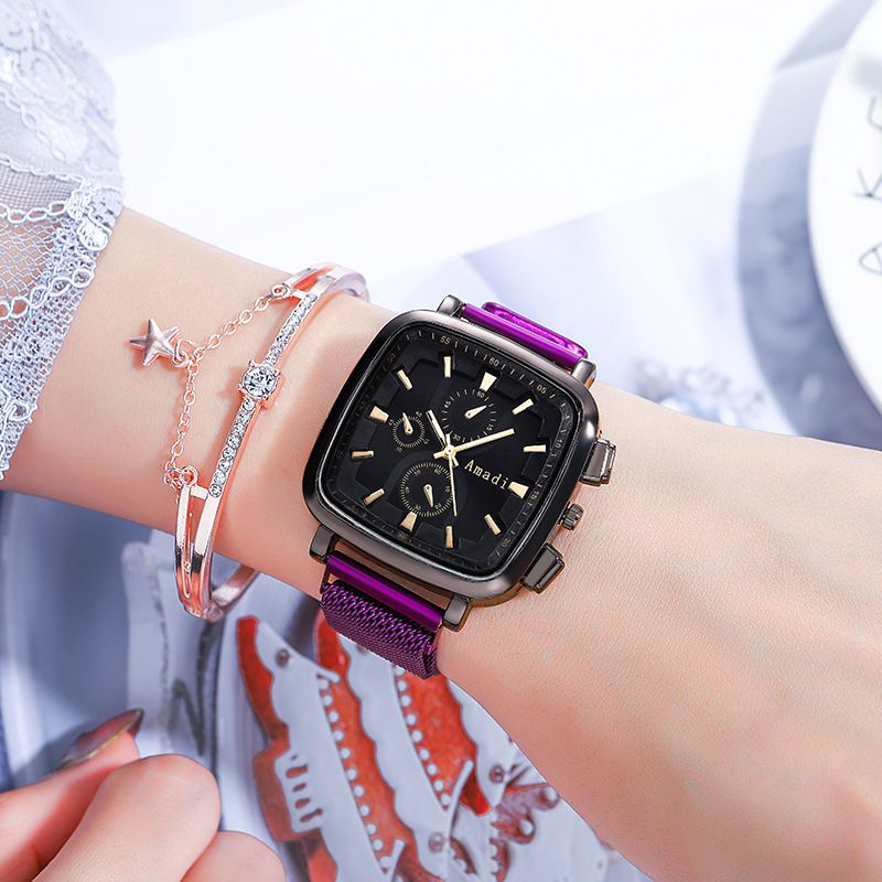 Orologio da donna Orologio quadrato Orologio a tre occhi Lega a maglie con moda Orologio casual Orologio da donna alla moda per studenti_voghion.com