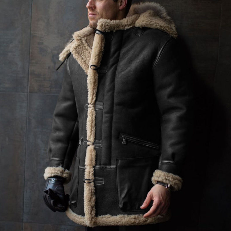 Einteiliger Herrenmantel aus Pelz mit Kapuze und Fellimitat_voghion.com