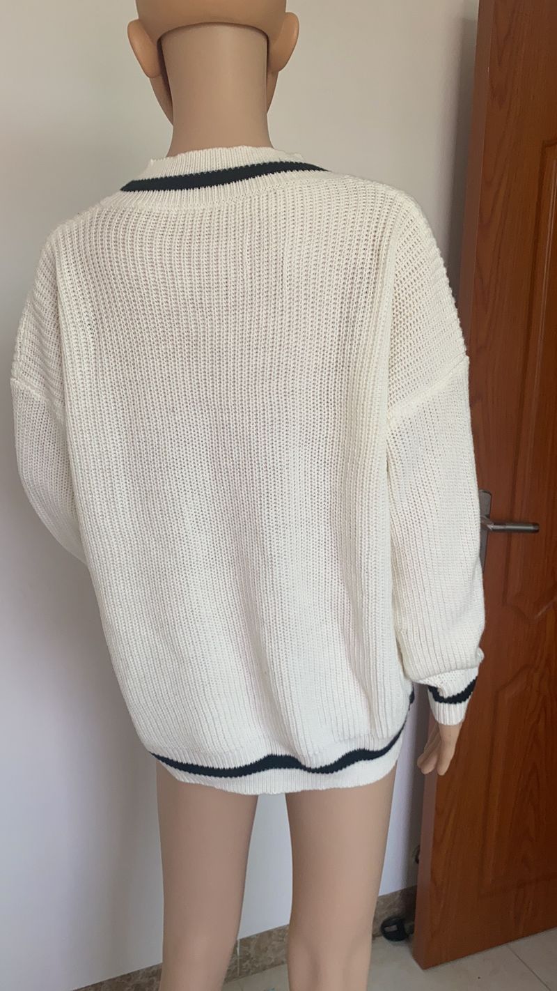 Pull oversize élégant à col en V et blocs de couleurs pour femme - Pull à manches longues en tricot acrylique doux_voghion.com