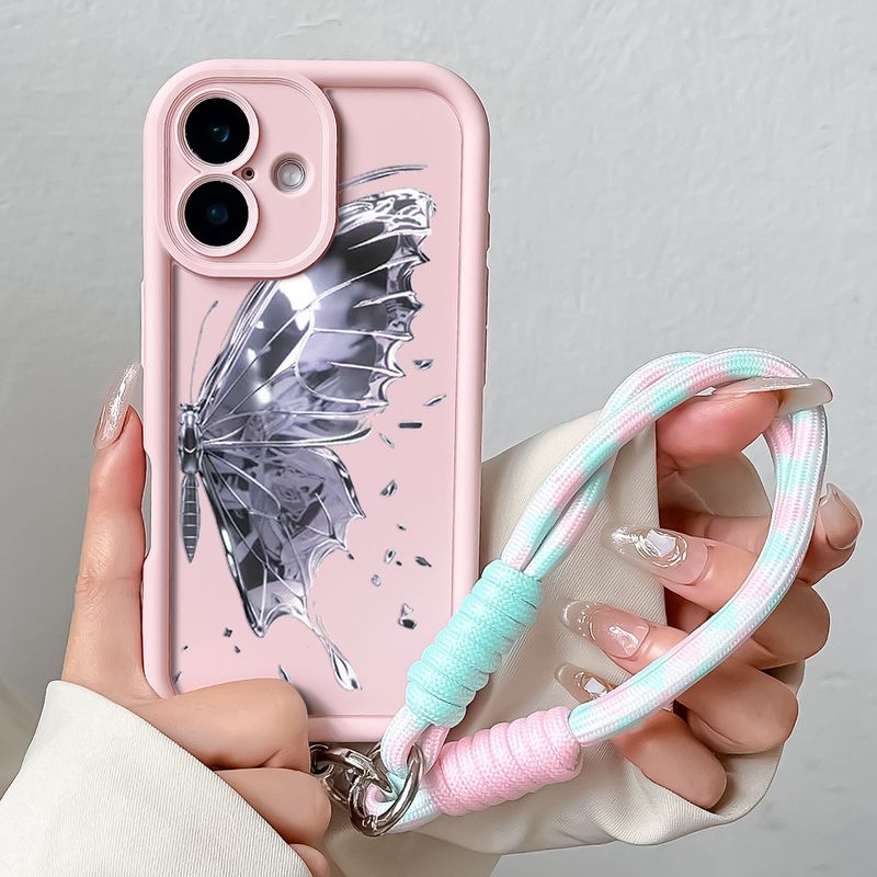 Étui de téléphone avec lanière pour iPhone 16 Pro Max Plus Motif papillon en cristal Souple TPU Chaîne de poignet Sangle de suspension Housse antichoc_voghion.com