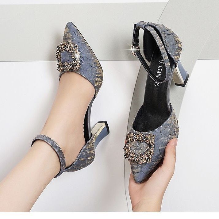Spring Water Diamond High Small Fragrant Sandals, Women's Thick Heels, Pointed Single Shoes, One Word With Side Space,_voghion.com
