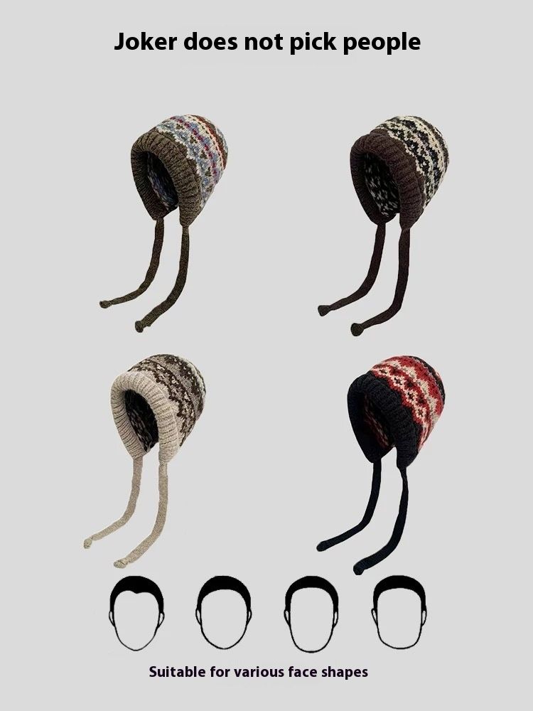 Cappello in lana lavorato a maglia a righe in stile etnico per autunno e inverno, spesso e caldo, protezione per le orecchie anti-freddo, versatile cappello freddo_voghion.com