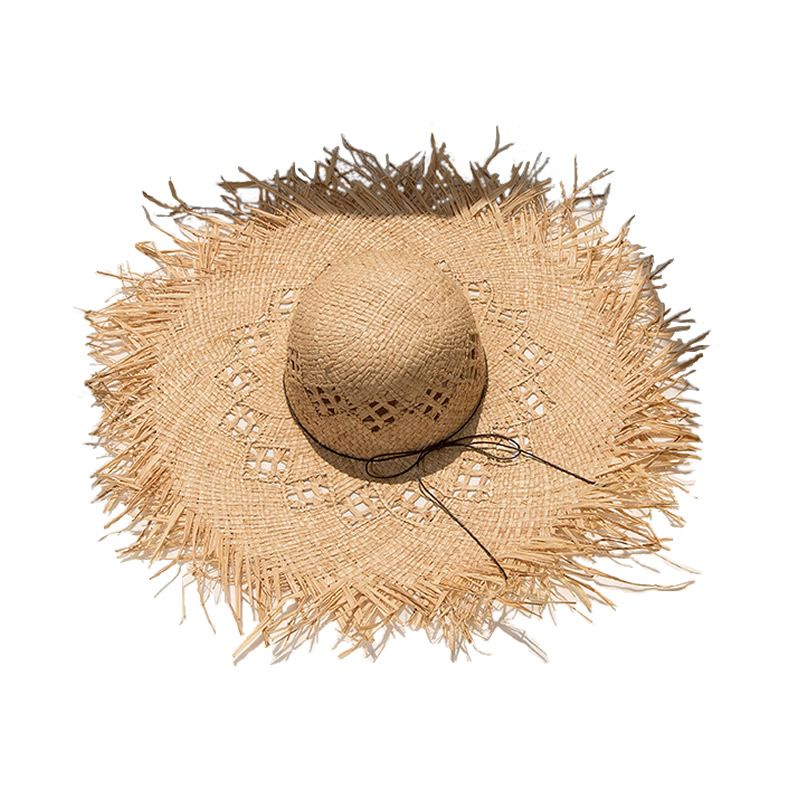 Hot Sale New Summer Wacation Natural Lafite Women's Handmade Woven Beach Straw Hat Tassel Splicing Design_voghion.com