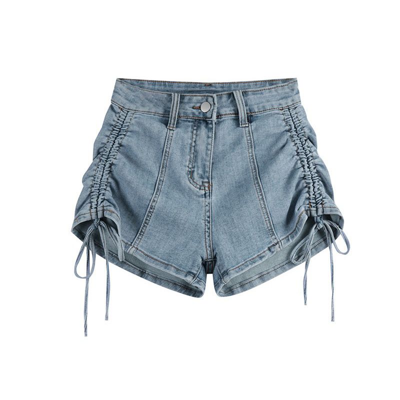 2025s Elastic Drawstring Denim Shorts For Women, Summer New High-Waisted Slimming Tight Design A-Line Hot Pants, Ins Trend_voghion.com