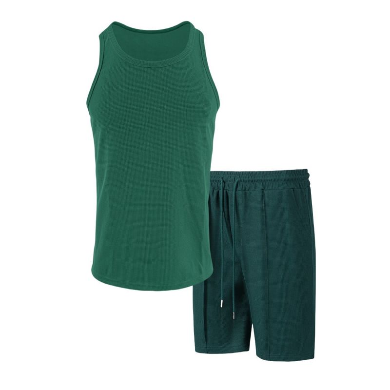 Herenkleding Nieuwe wafel effen kleur Outdoor vrijetijdskleding Ademend korte mouwen vest shorts sportpak_voghion.com
