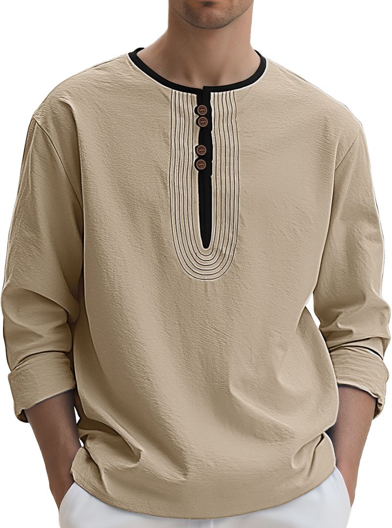 Nuova polo casual da spiaggia da uomo in cotone e lino stile deserto a maniche lunghe_voghion.com
