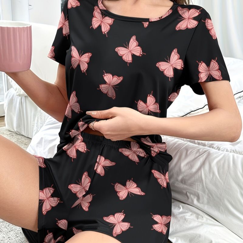 Piżama damska Homewear z nadrukiem motyli, krótki rękaw, szorty, wygodny, swobodny, wygodny, dwuczęściowy komplet_voghion.com
