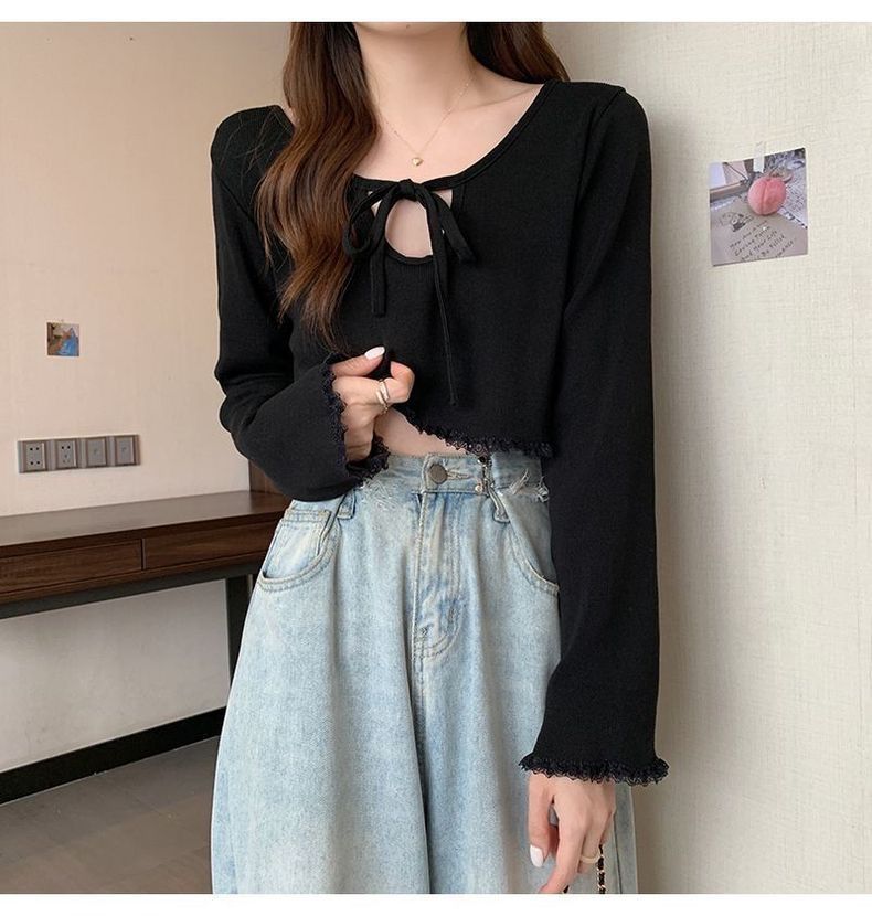 Elegant and lace V-neck long sleeved t-shirt for women, 2024 autumn new collection with strap design, niche slim fit top_voghion.com