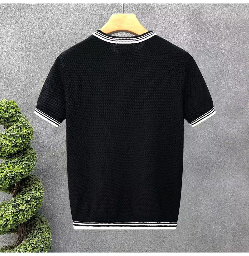 Colorblock gestreepte trui met korte mouwen voor heren, zomerse ijszijde, Britse business slim fit binnenshirt_voghion.com