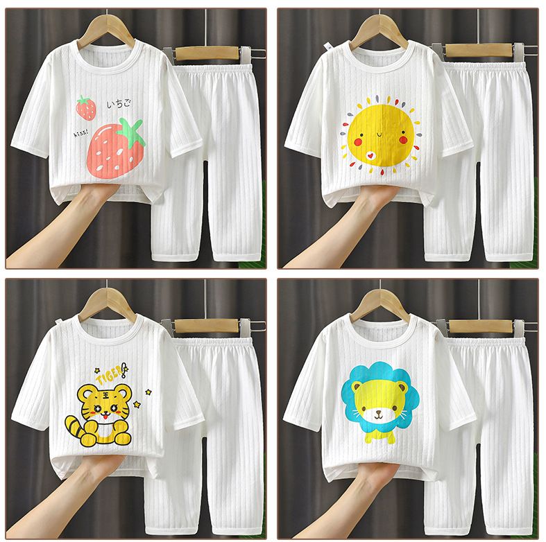 Ropa para niños Pijamas de algodón puro para bebés de manga tres cuartos Ropa de verano para niños y niñas Ropa fina y transpirable para niños_voghion.com