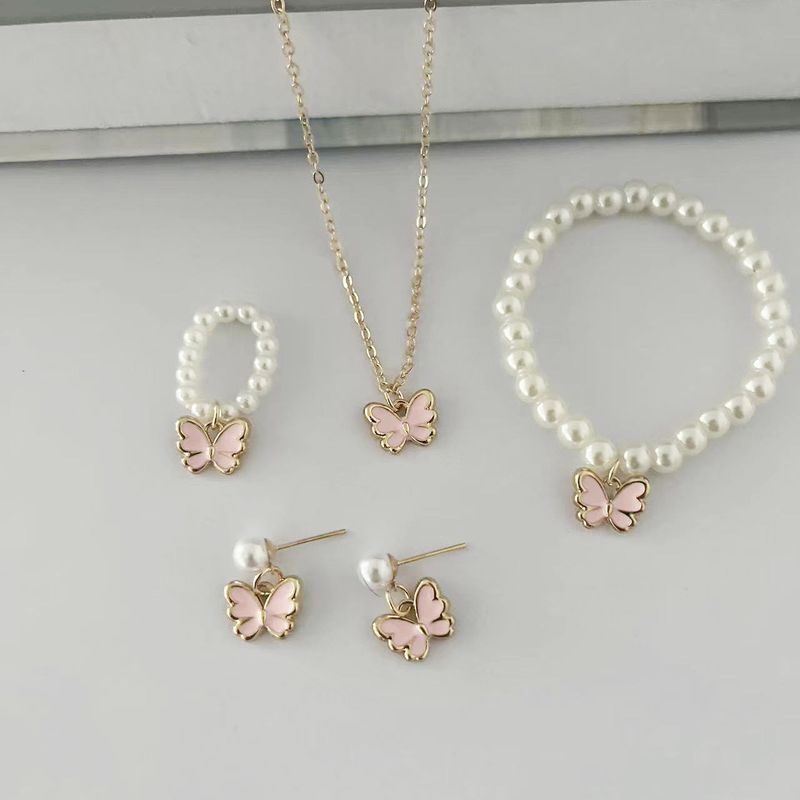 Popular Children's Jewelry Set Oil Drop Butterfly Pendant Pearl Bracelet Earrings Necklace Accessories Female_voghion.com