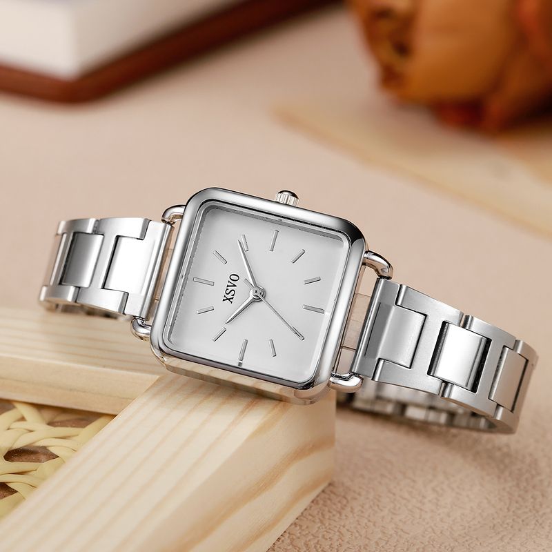 New Women's Fashion Silver Small Square Simple Steel Band Quartz Watch + Chain Set_voghion.com