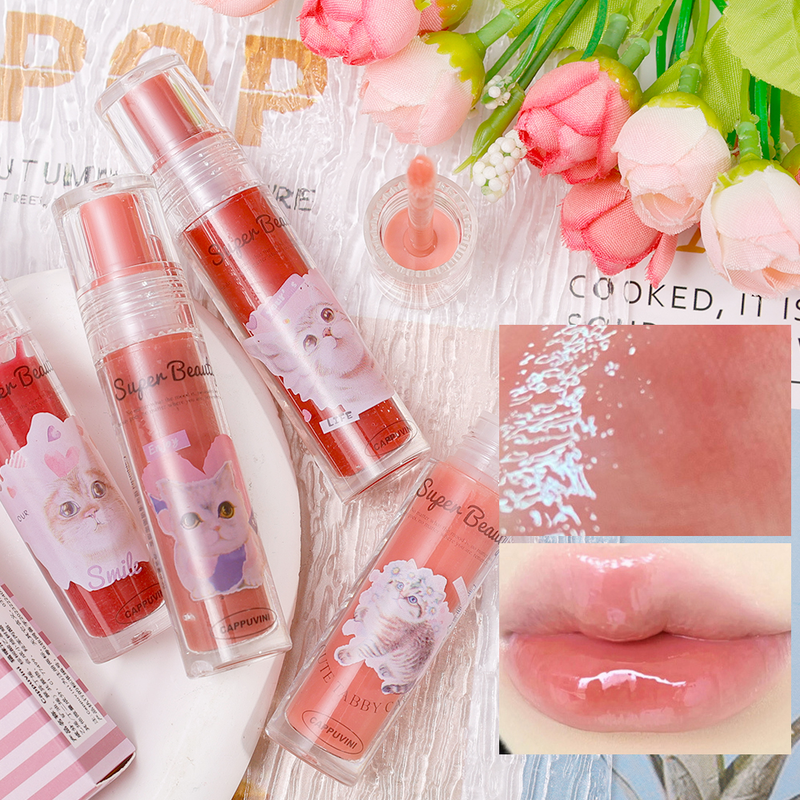 Simpatico gatto specchio acqua lucidalabbra trasparente gelatina labbra ghiacciaio impermeabile durevole rossetto liquido rosa nudo col_voghion.com