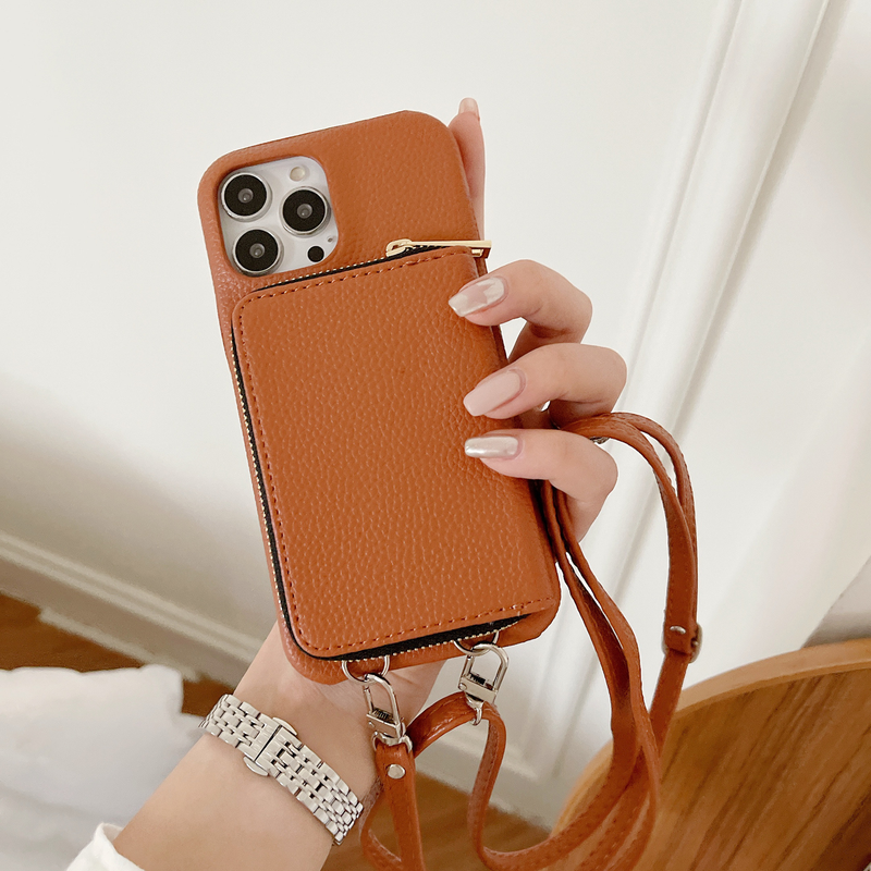 Mobile phone case zipper card holder lanyard suitable for Apple 14 mobile phone case Apple 13 promax litchi pattern protective cover 12 women_voghion.com