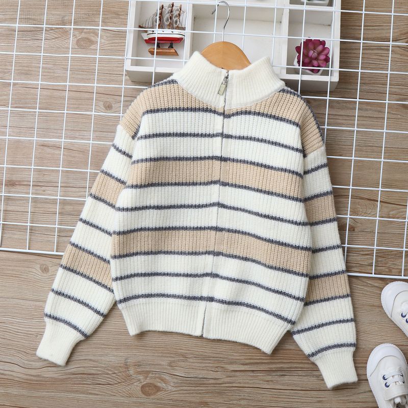 Strickjacke aus Lammwolle für Mutter und Kind, weicher, warmer Strickpullover für große Kinder (ab 8 Jahren), gestreiftes Design, lange Ärmel, Stehkragen (Grau/Marineblau)_voghion.com