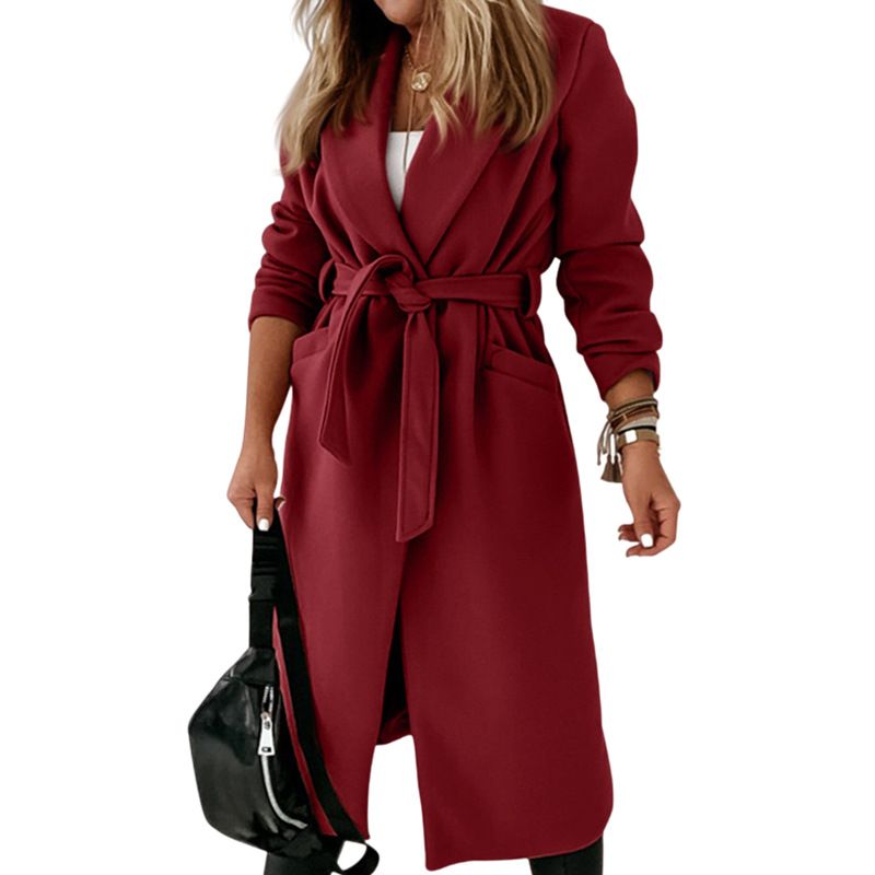 Eleganter langer Wollmantel für Damen – Trenchcoat in Übergröße mit Gürtel, Bürokleidung, Herbst-Winter-Mode_voghion.com