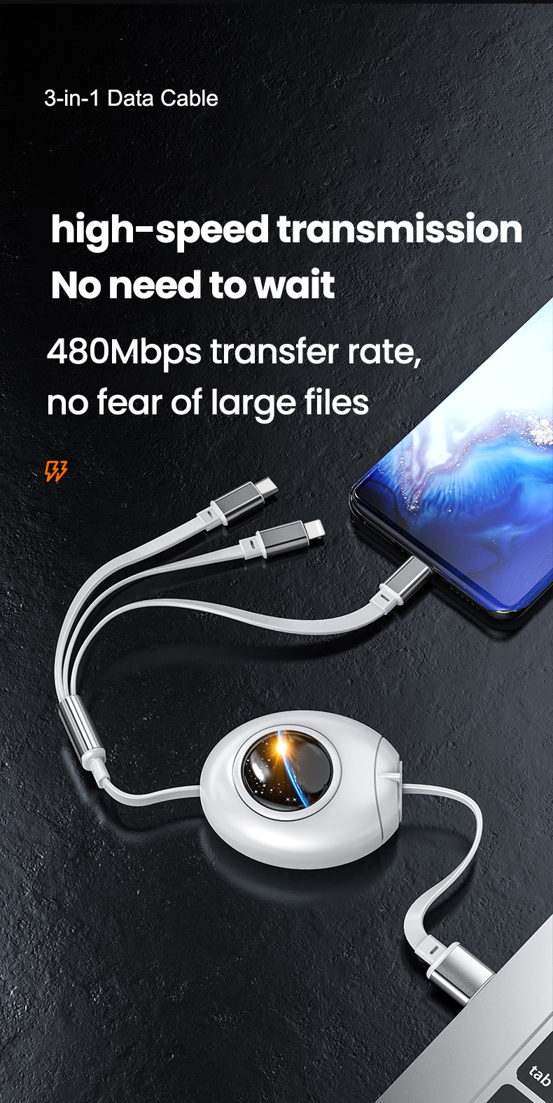 5A 3-in-1 charging USB C cable suitable for iPhone 14, 13, 12, 11 Max pro USB A to 8-pin mini C charging cable_voghion.com