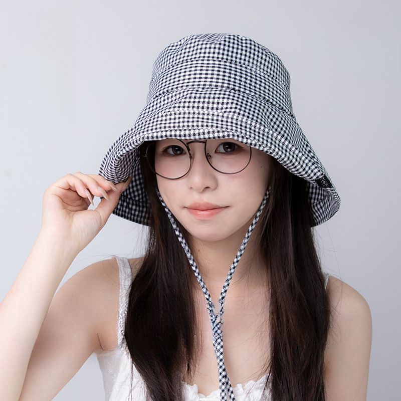 2025 New Fashion Houndstooth Fisherman Hat, Women's, Summer Wide-brimmed Protective Sun Hat, Small Fragrance Style_voghion.com