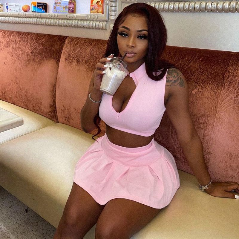 Damenmode lässig sexy einfarbig plissierte Taille schlanke Weste Culottes Sport zweiteiliges Set_voghion.com