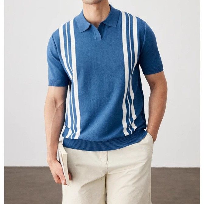 Kurzarm-Poloshirt in Kontrastfarbe für Herren im Sommer, High-End-Slim-Fit, Business Casual, T-Shirt aus Eisseide mit halblangen Ärmeln und gestricktem Revers_voghion.com