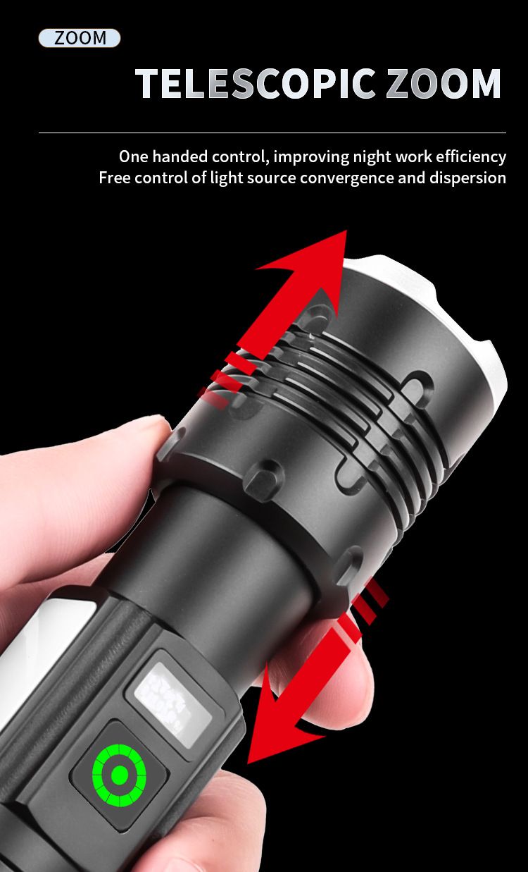 White Laser LED Flashlight With Digital Display, Type-C Charging & COB Side Light, 500m+ Beam Distance, 12W High-Power Tactical Torch For Outdoor_voghion.com