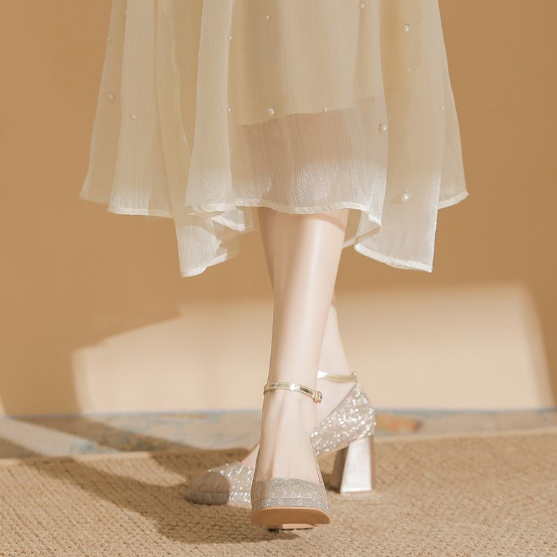 One Button Waterproof Platform With Fine Flashing Spring New High Heels, Mary Jane's High-end Square Toe Thick Heel_voghion.com