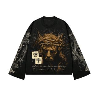Maglia a maniche lunghe in cotone largo Statua della Libertà Street Style Moda giovanile_voghion.com