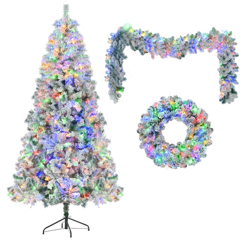 6FT Snow Flocked Pre-Lit Christmas Tree with Garland and Wreath, Artificial Hinged Xmas Tree with Colorful LED Lights, 8 Lighting Modes, Pine Cones, Holiday Decor for Home_voghion.com
