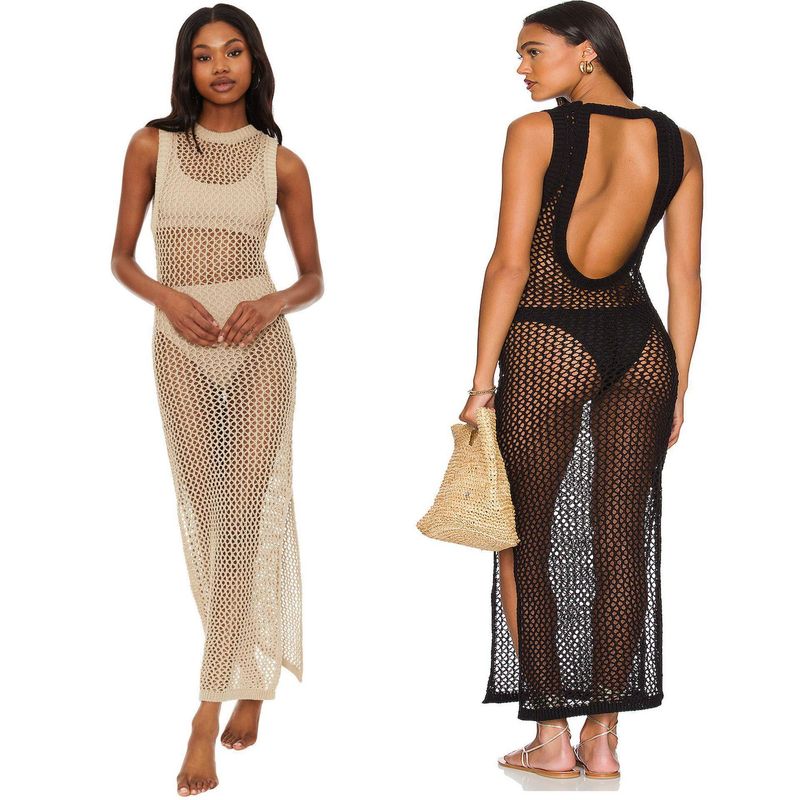 Women's hollow crochet casual beach sunscreen Joker bikini cover swimsuit beach mesh top._voghion.com