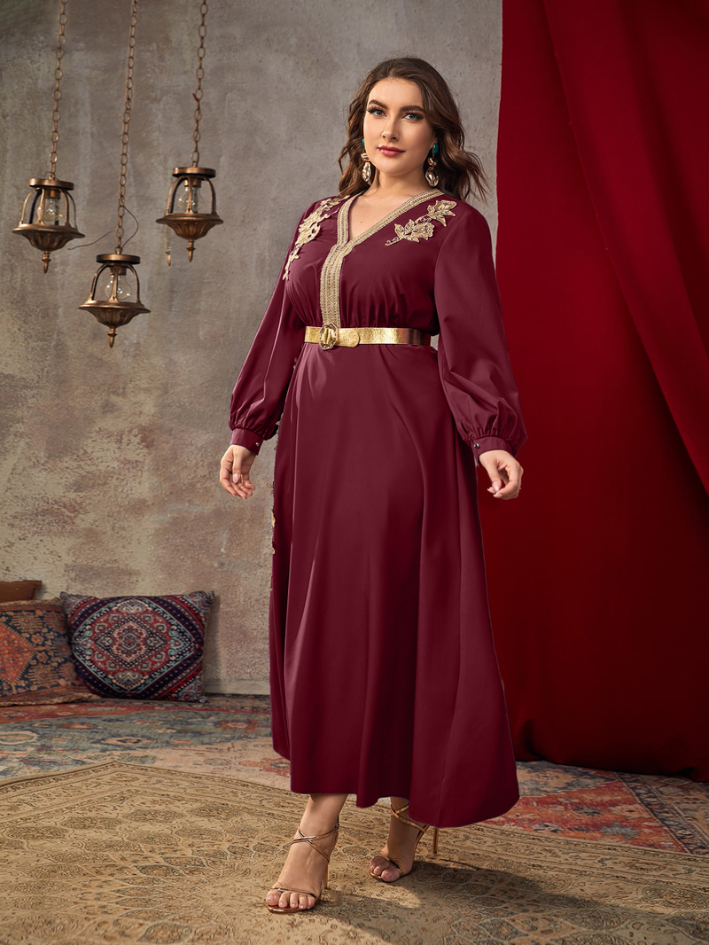 Abito ampio da donna a vita alta, taglie comode, con scollo a V_voghion.com