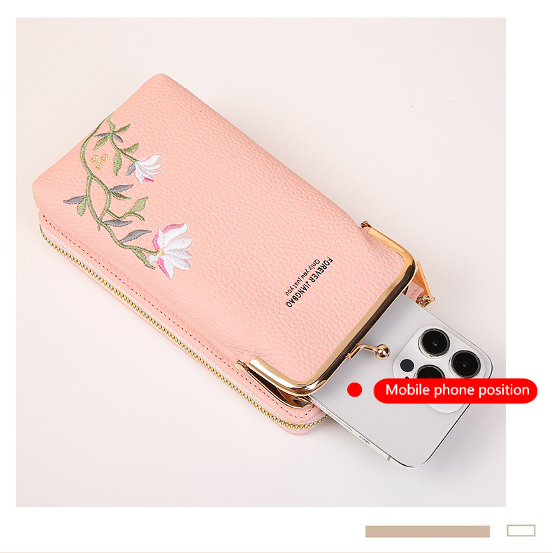 2024 New Women's Mobile Phone Bag Korean Edition Fashion Lychee Pattern Solid Color Embroidery Oblique Span Shoulder Bag_voghion.com