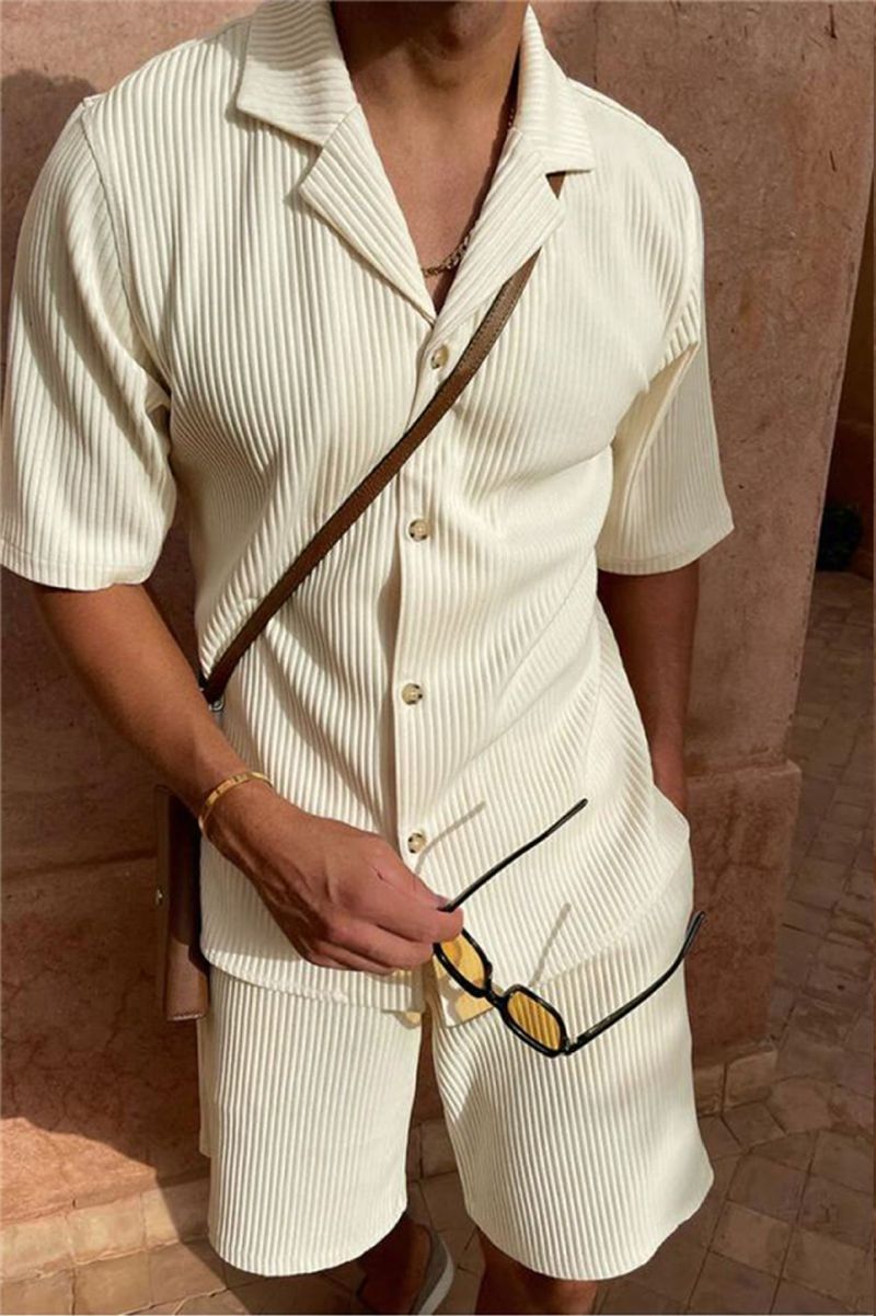 Ensemble short décontracté à revers en velours côtelé pour homme, t-shirt et short de sport de couleur unie, ensemble d'entraînement de course à pied_voghion.com