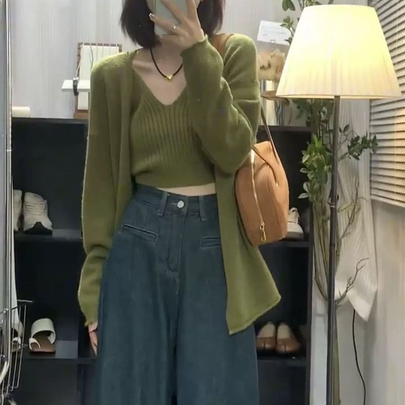Completo cardigan in maglia da donna - Canotta con lacci e scollo a V e maglione a maniche lunghe, design casual a coste in stile coreano, completo in due pezzi tinta unita_voghion.com