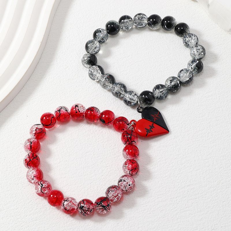 Braccialetto magnetico per coppie in stile gotico, con perline rotonde in vetro esplosivo tritato con ghiaccio da 10 mm, nero e rosso._voghion.com