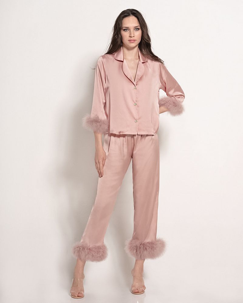 Weiße Strickjacke mit langen Ärmeln, Federhose, Pyjama, zweiteiliges Set, hautfreundliche, weiche Damen-Hauskleidung_voghion.com