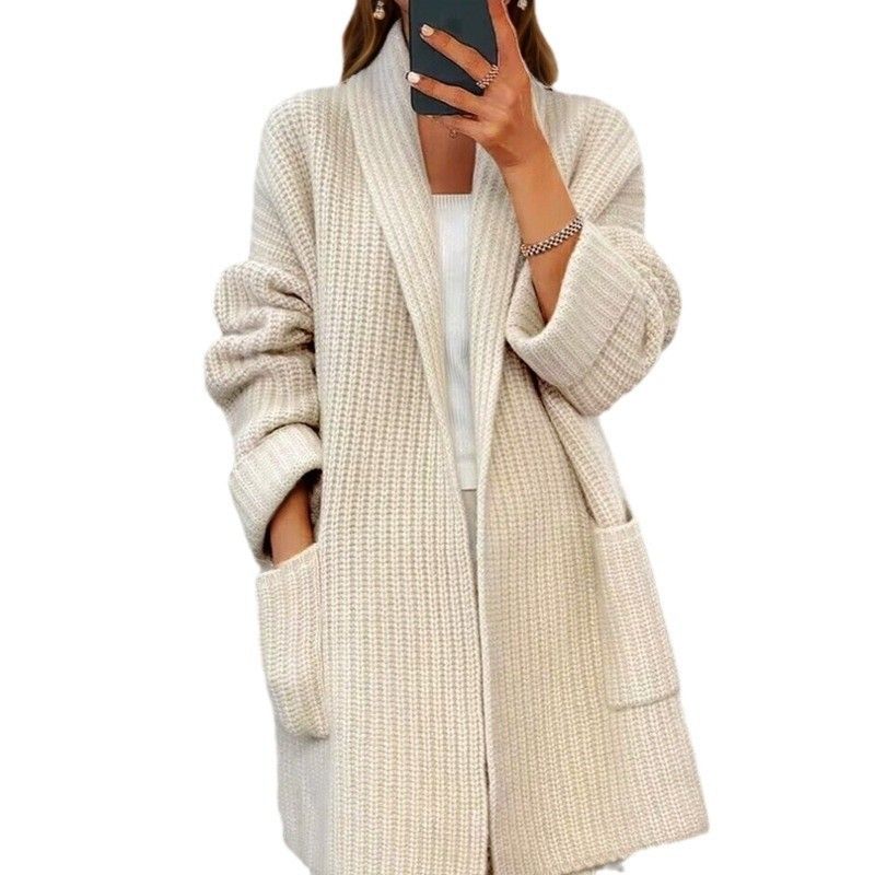 Abbigliamento da donna autunno 2024 nuovo cardigan con scollo a V tinta unita, maglione ampio con tasche, cappotto_voghion.com