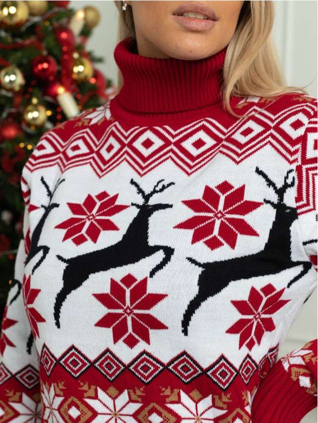 Damen-Paar-Weihnachtspullover, Rundhalsausschnitt, Elch-Jacquard-Rollkragenpullover, langärmelig_voghion.com