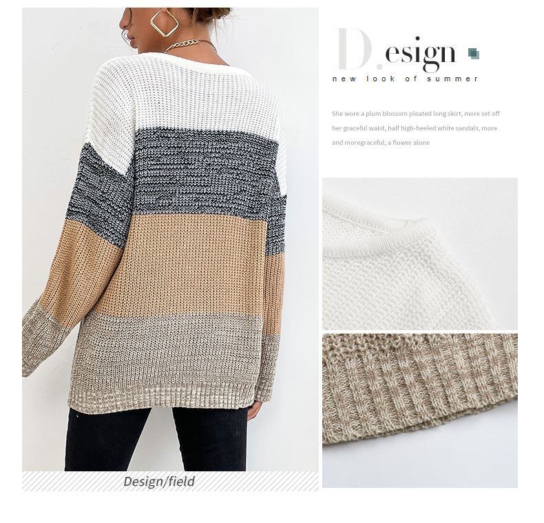 Autumn and winter European and American casual women's loose color-blocked long-sleeved sweater base layer for women_voghion.com