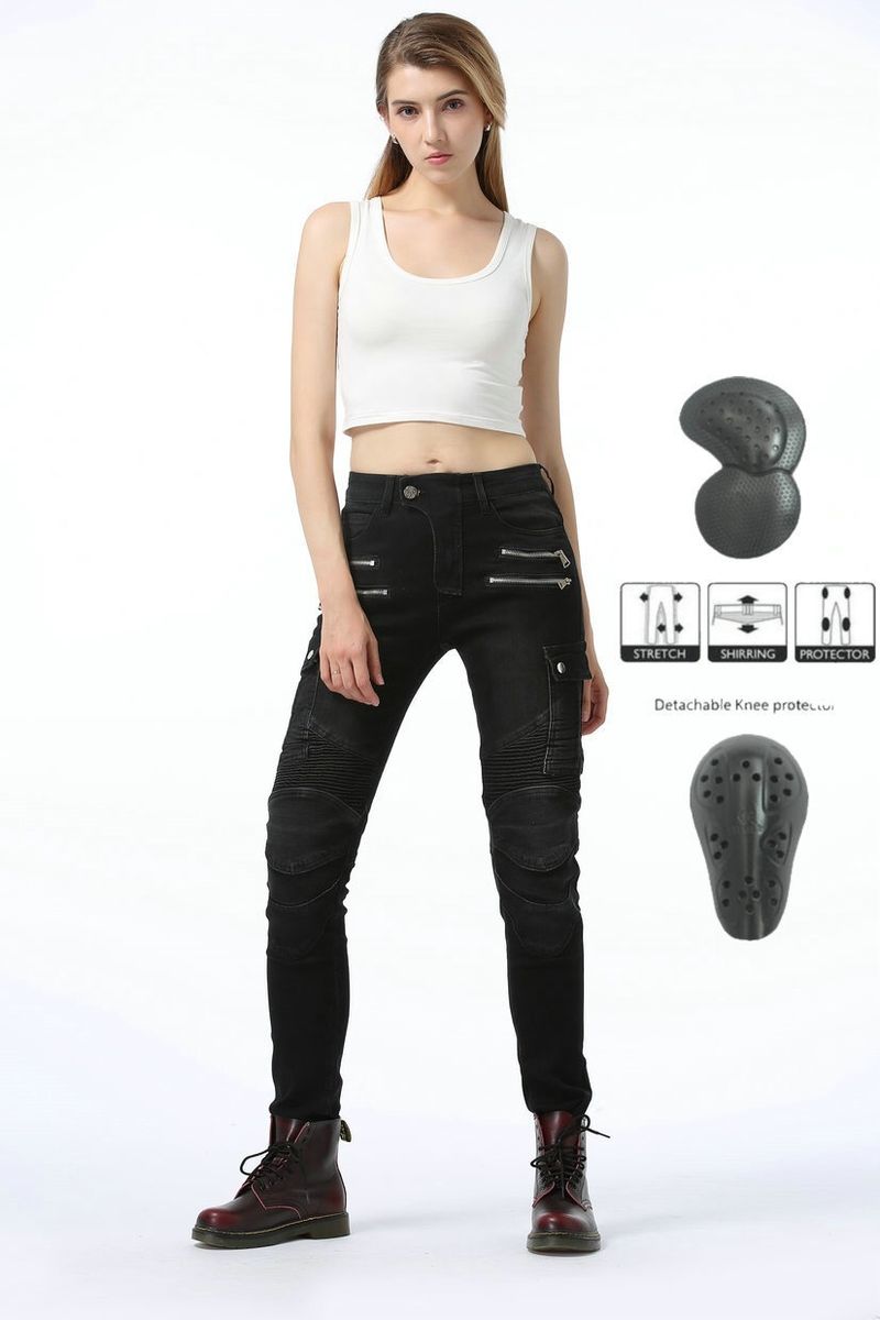 Jeans elasticizzati da motociclista da donna - Pantaloni da motociclista per tutte le stagioni con protezione per le ginocchia, denim ad alta elasticità per la guida fuoristrada e in città (nero/blu/verde)_voghion.com