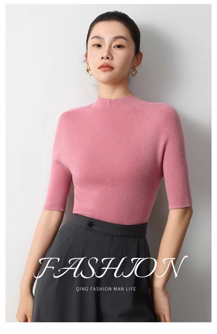 Maglione estivo in lana a maniche lunghe con collo alto, 100% senza cuciture, realizzato in filato tedesco Yangzi Yarn Island_voghion.com