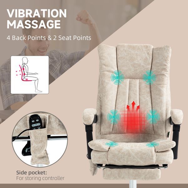 Vinsetto Microfiber Office Chair, High Back Computer Chair With 6 Point Massage, Heat, Adjustable Height And Retractable Footrest, Cream White_voghion.com