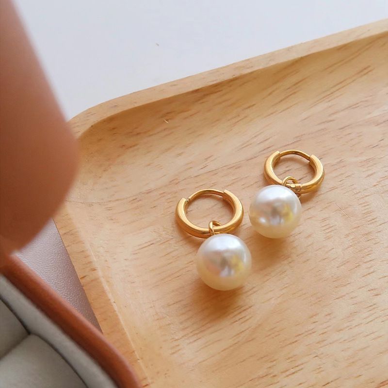 Wen Jian New French Style Pearl Pendant Earrings For Women Titanium Steel Gold Plated Simple Ear Cuffs Trendy Light_voghion.com