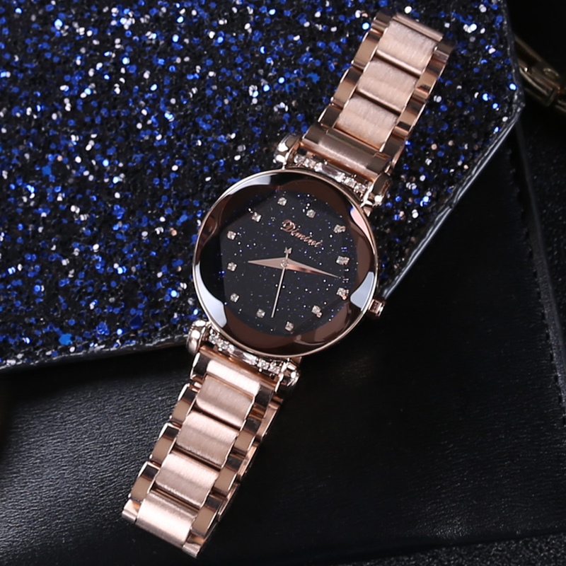 Demini Starry Sky Plate con cinturino in acciaio con diamanti Orologio da donna alla moda con doppio pulsante in oro rosa e viola_voghion.com