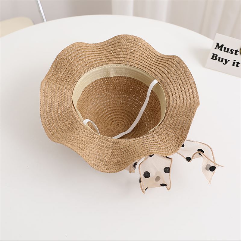 Nuovo set di cappelli e borse parasole con fiocco coreano a pois e onde di paglia per bambini, dolce e carino_voghion.com