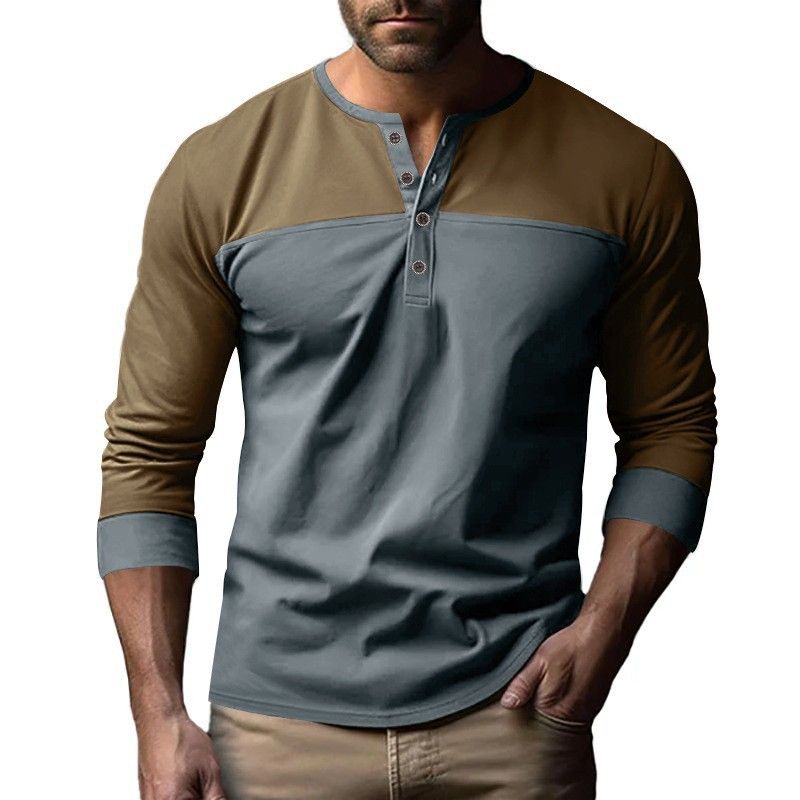 Herren-Retro-T-Shirt mit Henley-Kragen – Zweifarbiges, atmungsaktives Langarmshirt aus Polyester-Mischgewebe (S-XXXL)_voghion.com