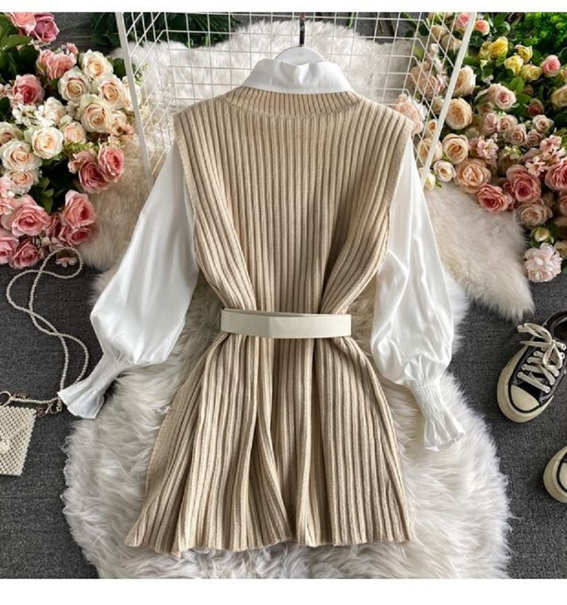 Conjunto de dos piezas de chaleco de punto con lazo en la cintura y camisa larga de moda para mujer_voghion.com