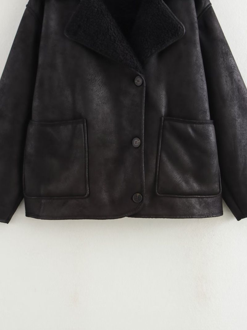Damenmode Kunstpelzkragen Langarmjacke, Herbstoberbekleidung mit Patchwork-Design, Streetwear-Mantel in Dunkelbraun/Schwarz/Creme_voghion.com